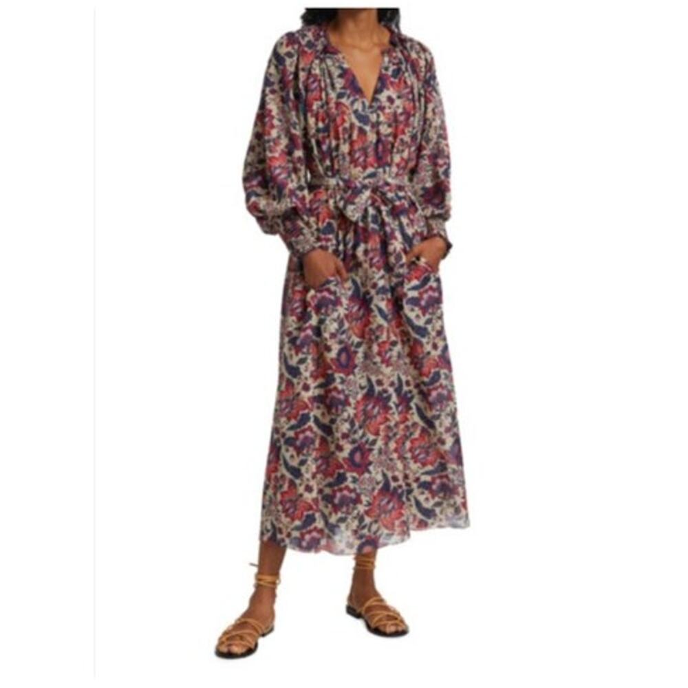 CHUFY Memories of Ancient Romania Sz L Large Floral Belted Dress Cotton Silk